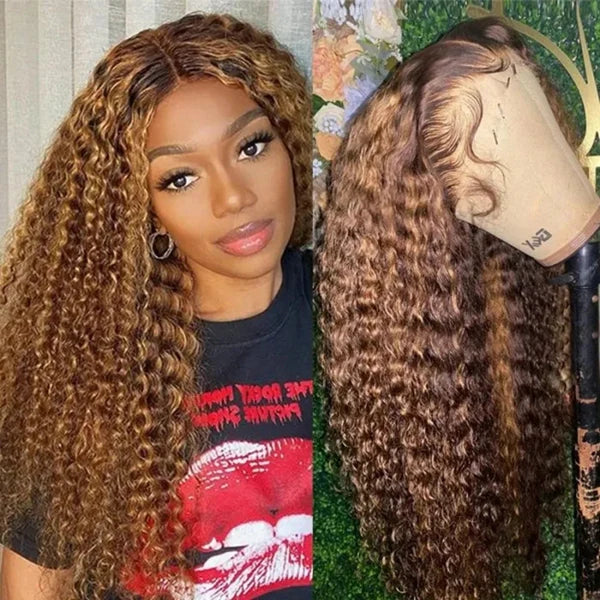 13x4 Lace Wig Human Hair Highlights Wig Deep Wave Honey Blonde Wig