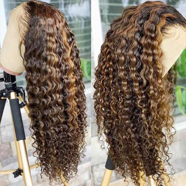 13x4 Lace Wig Human Hair Highlights Wig Deep Wave Honey Blonde Wig