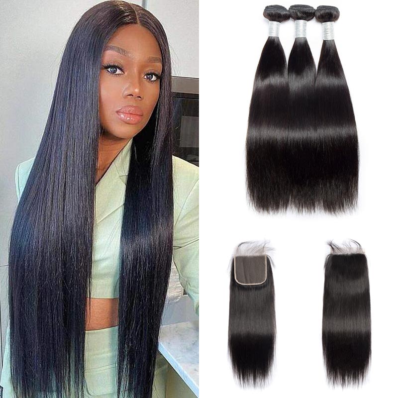 Brazilian Bone Straight Human Hair 3 Bundles With Lace Closure