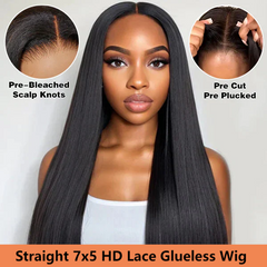 VIPbeauty 7x5 SKINLIKE HD Lace Closure Wig Natural Hairline Human Hair Glueless Wigs Pre Plucked Pre Bleached 180% Density Pre Cut Lace Wigs