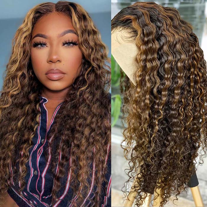 13x4 Lace Wig Human Hair Highlights Wig Deep Wave Honey Blonde Wig