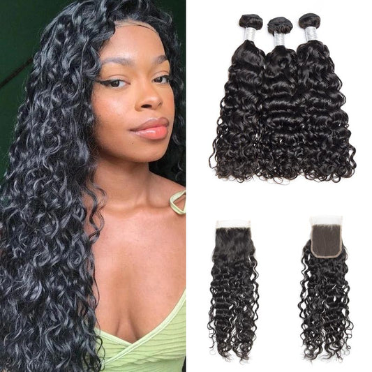 Wet And Wavy Hair Water Wave Virgin Hair 3 Bundles With 4x4 Lace Closure Human Hair