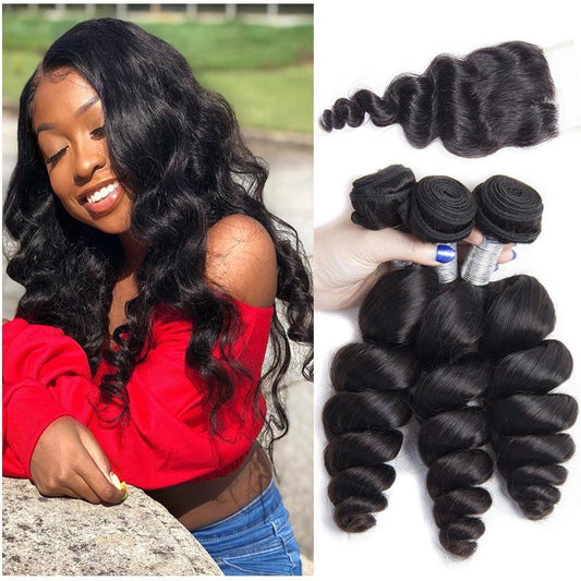   Hair Mink Brazilian Loose Wave Virgin Hair 3 Bundles With 4x4 Lace Closure 100% Human Hair